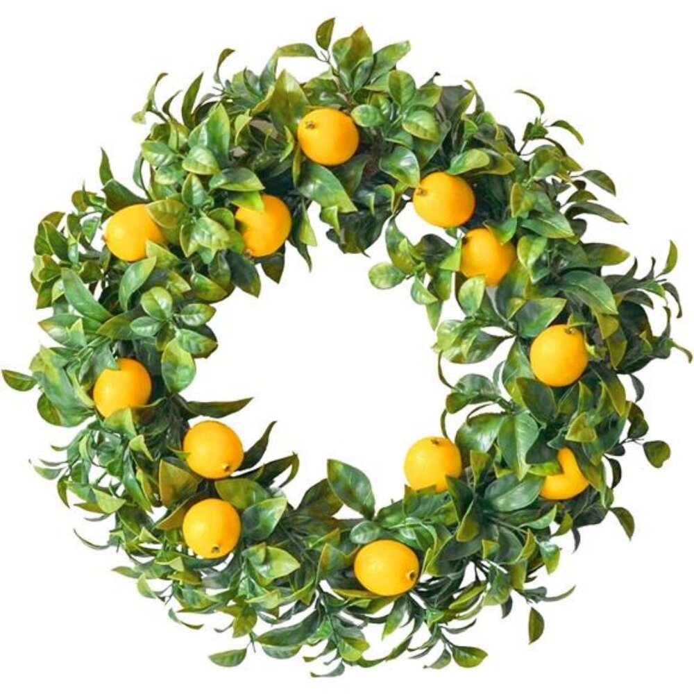 Lemon Wreath for Front Door, 15 Inch Artificial Door Wreath with Boxwood